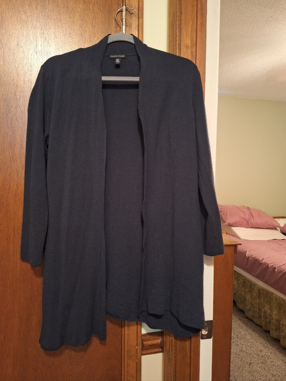 Eileen Fisher Black Open-Front Long Cardigan 100% Merino Wool Women's Size L
